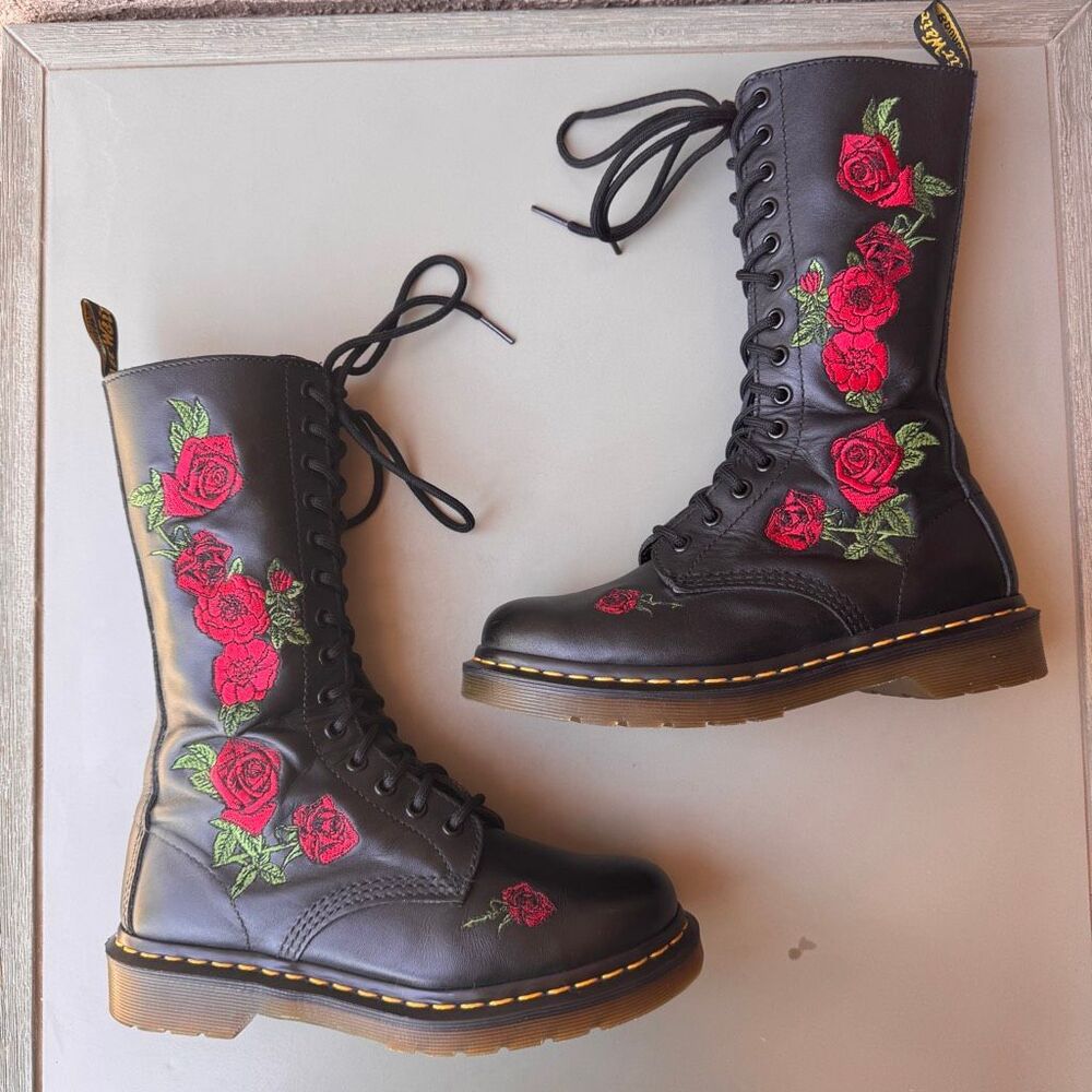 Dr Martens 1914 Vonda 14 Eye Lace Up Tall Boots Black Red Rose Womens 7US/38EU - Picture 7 of 16